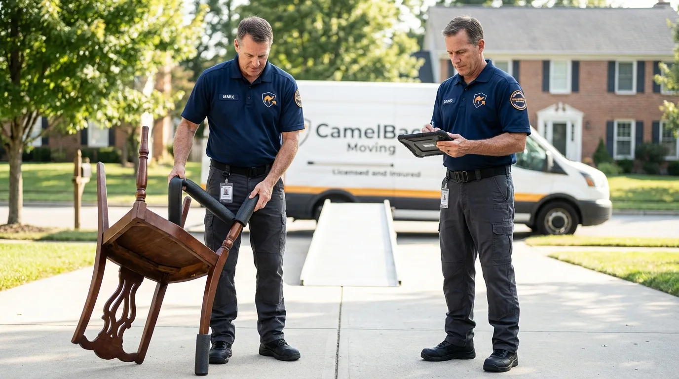 Movers inspecting furniture for damage prevention before loading in Harrisburg, NE