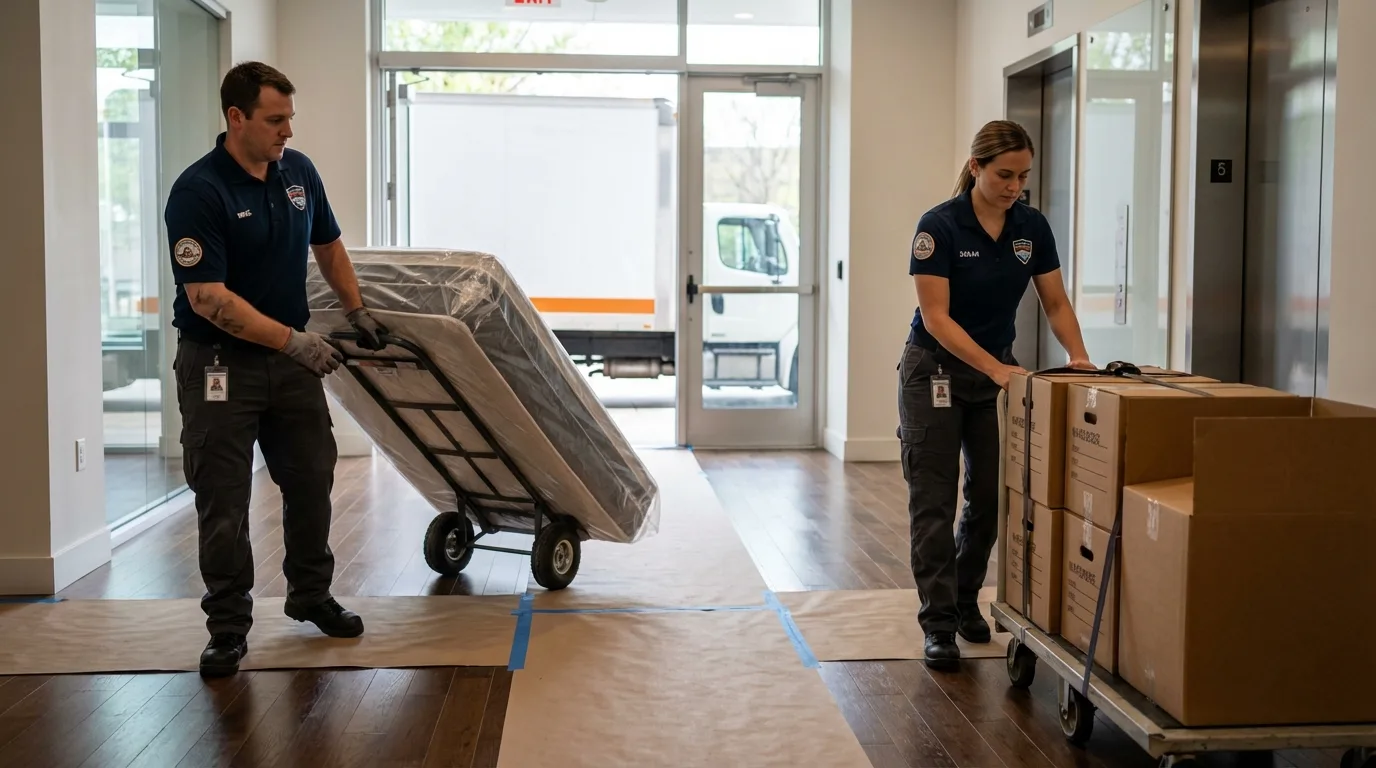 Professional apartment movers loading elevator in Harrisburg, NE